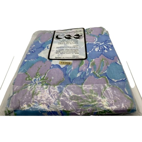 Sears Elasto-Fit Twin Fitted Sheet 39” X 75” Flower Power Mod MCM Blue Purple - Picture 12 of 14
